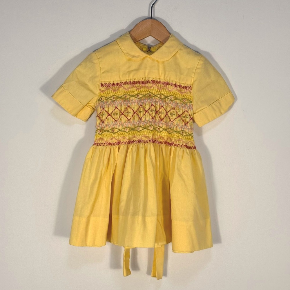 Vintage Yellow Smocked Cotton Dress Peter Pan Collar Handmade Girls 2T 3T